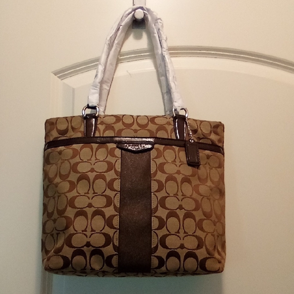 Coach Brown Signature Tote with Leather Accents